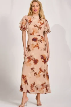 Jolie Moi Occasion Dresses|Floral Dresses-High Neck Angel Sleeve Chiffon Maxi Dress, Brown Floral
