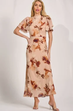 Jolie Moi Occasion Dresses|Floral Dresses-High Neck Angel Sleeve Chiffon Maxi Dress, Brown Floral