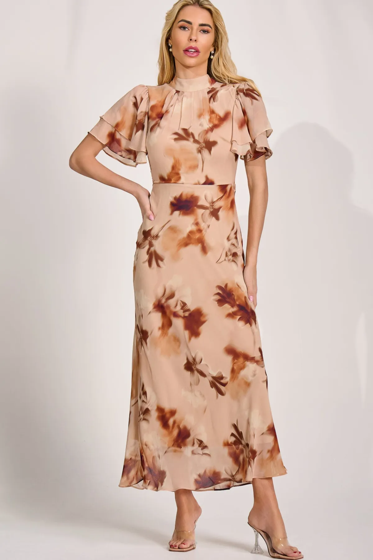 Jolie Moi Occasion Dresses|Floral Dresses-High Neck Angel Sleeve Chiffon Maxi Dress, Brown Floral