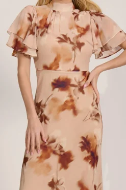Jolie Moi Occasion Dresses|Floral Dresses-High Neck Angel Sleeve Chiffon Maxi Dress, Brown Floral