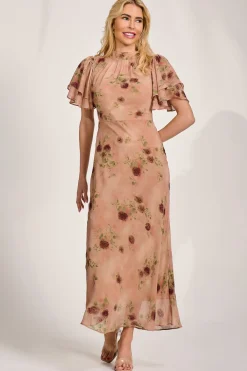 Jolie Moi Occasion Dresses|Floral Dresses-High Neck Angel Sleeve Chiffon Maxi Dress, Coral Floral