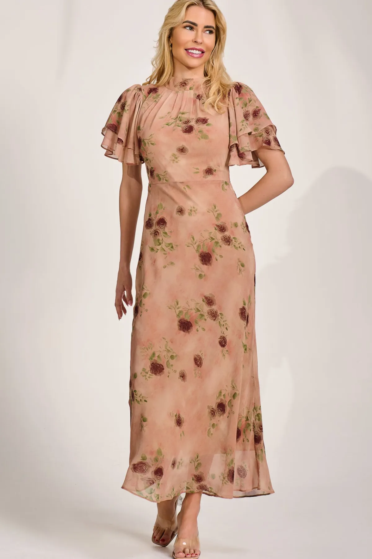 Jolie Moi Occasion Dresses|Floral Dresses-High Neck Angel Sleeve Chiffon Maxi Dress, Coral Floral