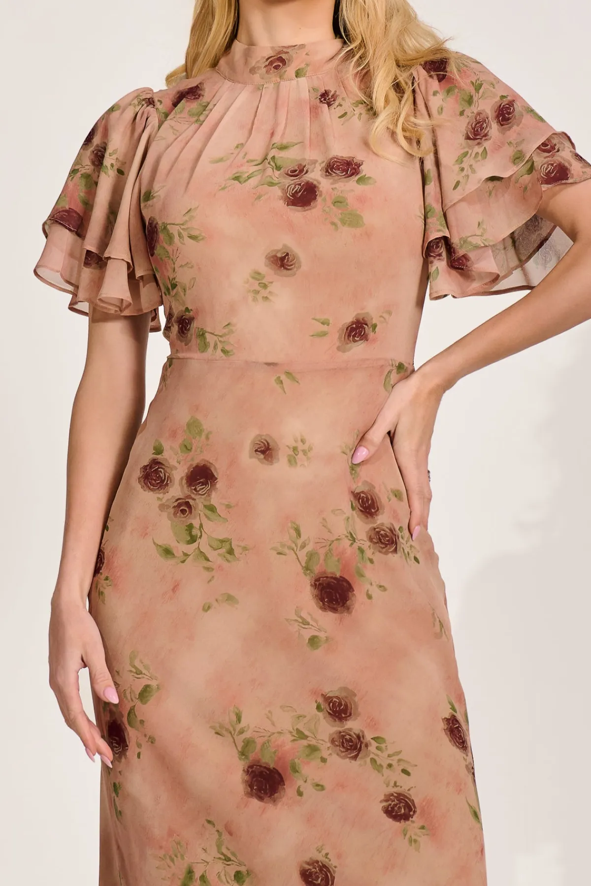 Jolie Moi Occasion Dresses|Floral Dresses-High Neck Angel Sleeve Chiffon Maxi Dress, Coral Floral