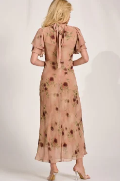 Jolie Moi Occasion Dresses|Floral Dresses-High Neck Angel Sleeve Chiffon Maxi Dress, Coral Floral