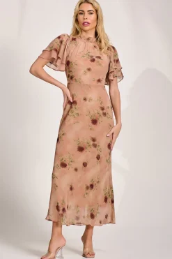 Jolie Moi Occasion Dresses|Floral Dresses-High Neck Angel Sleeve Chiffon Maxi Dress, Coral Floral