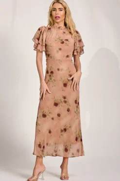Jolie Moi Occasion Dresses|Floral Dresses-High Neck Angel Sleeve Chiffon Maxi Dress, Coral Floral