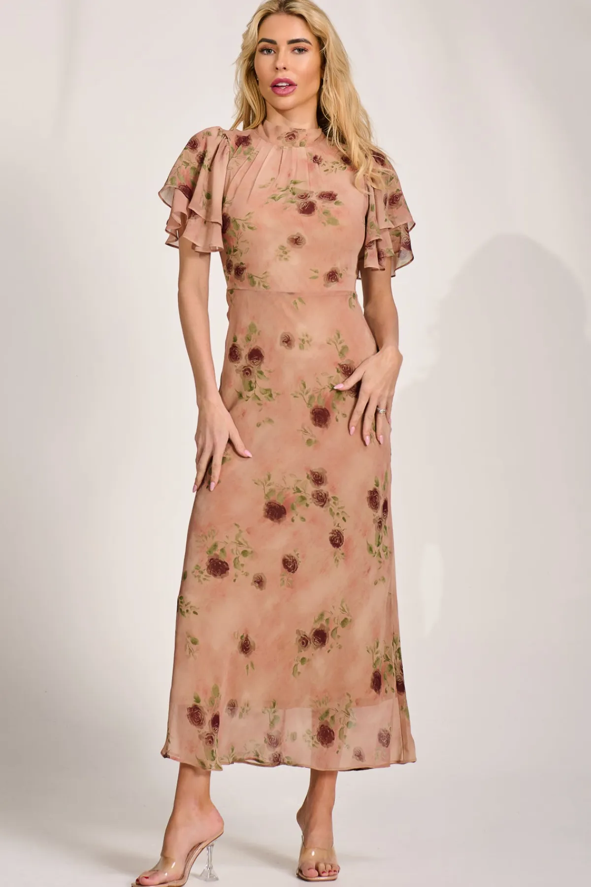 Jolie Moi Occasion Dresses|Floral Dresses-High Neck Angel Sleeve Chiffon Maxi Dress, Coral Floral