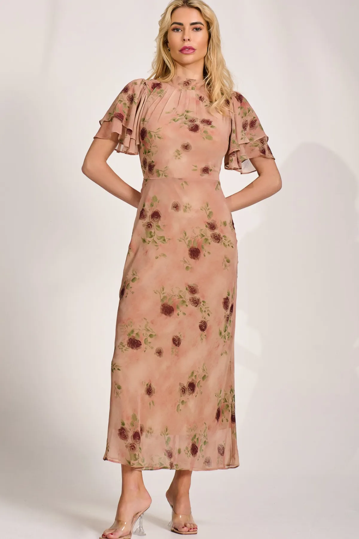 Jolie Moi Occasion Dresses|Floral Dresses-High Neck Angel Sleeve Chiffon Maxi Dress, Coral Floral