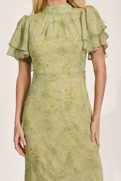 Jolie Moi Occasion Dresses|Weekend Casuals-High Neck Angel Sleeve Chiffon Maxi Dress, Green Abstract