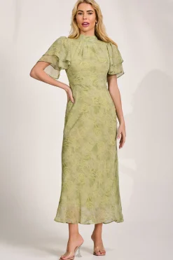 Jolie Moi Occasion Dresses|Weekend Casuals-High Neck Angel Sleeve Chiffon Maxi Dress, Green Abstract