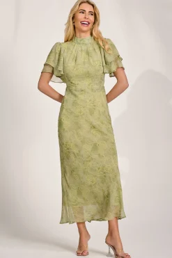 Jolie Moi Occasion Dresses|Weekend Casuals-High Neck Angel Sleeve Chiffon Maxi Dress, Green Abstract