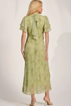 Jolie Moi Occasion Dresses|Weekend Casuals-High Neck Angel Sleeve Chiffon Maxi Dress, Green Abstract