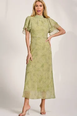 Jolie Moi Occasion Dresses|Weekend Casuals-High Neck Angel Sleeve Chiffon Maxi Dress, Green Abstract