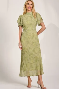 Jolie Moi Occasion Dresses|Weekend Casuals-High Neck Angel Sleeve Chiffon Maxi Dress, Green Abstract