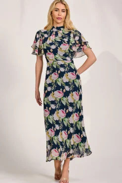 Jolie Moi Occasion Dresses|Floral Dresses-High Neck Angel Sleeve Chiffon Maxi Dress, Navy Floral