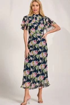 Jolie Moi Occasion Dresses|Floral Dresses-High Neck Angel Sleeve Chiffon Maxi Dress, Navy Floral