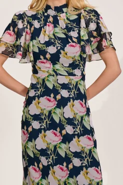 Jolie Moi Occasion Dresses|Floral Dresses-High Neck Angel Sleeve Chiffon Maxi Dress, Navy Floral