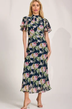Jolie Moi Occasion Dresses|Floral Dresses-High Neck Angel Sleeve Chiffon Maxi Dress, Navy Floral