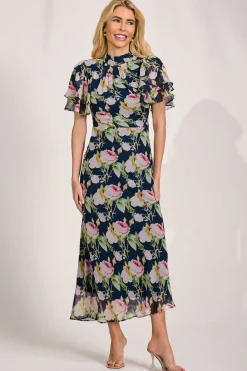 Jolie Moi Occasion Dresses|Floral Dresses-High Neck Angel Sleeve Chiffon Maxi Dress, Navy Floral