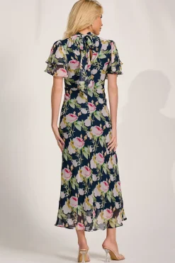 Jolie Moi Occasion Dresses|Floral Dresses-High Neck Angel Sleeve Chiffon Maxi Dress, Navy Floral