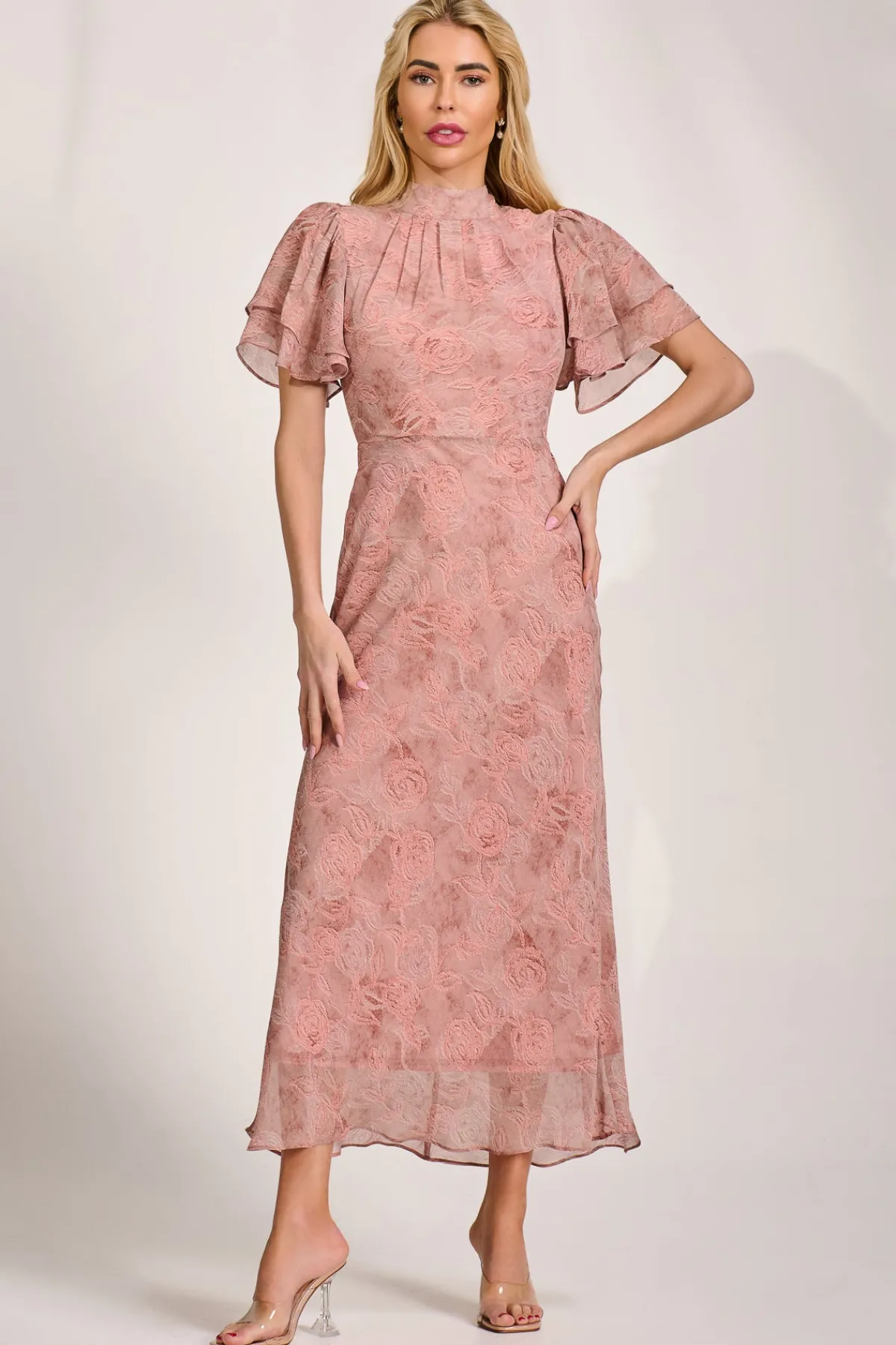 Jolie Moi Occasion Dresses|Maxi Dresses-High Neck Angel Sleeve Chiffon Maxi Dress, Pink Abstract
