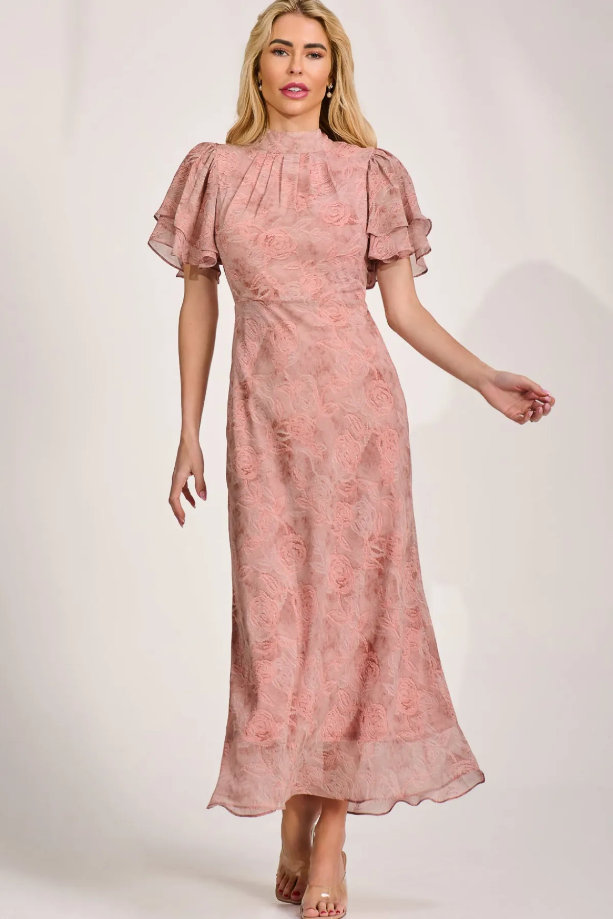 Jolie Moi Occasion Dresses|Maxi Dresses-High Neck Angel Sleeve Chiffon Maxi Dress, Pink Abstract