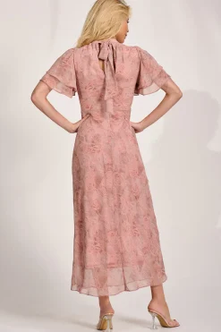 Jolie Moi Occasion Dresses|Maxi Dresses-High Neck Angel Sleeve Chiffon Maxi Dress, Pink Abstract