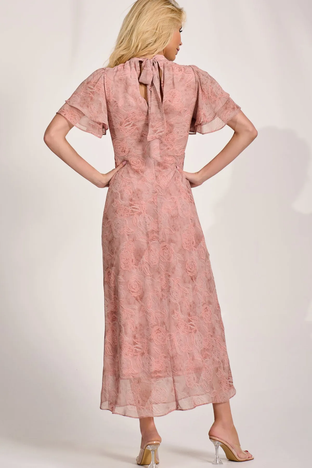 Jolie Moi Occasion Dresses|Maxi Dresses-High Neck Angel Sleeve Chiffon Maxi Dress, Pink Abstract