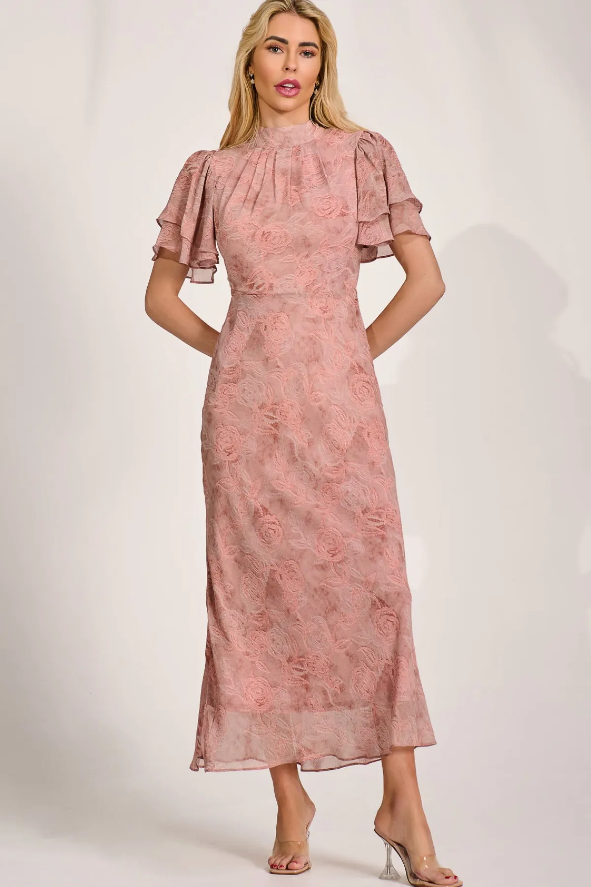 Jolie Moi Occasion Dresses|Maxi Dresses-High Neck Angel Sleeve Chiffon Maxi Dress, Pink Abstract