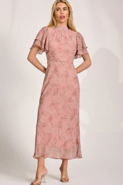 Jolie Moi Occasion Dresses|Maxi Dresses-High Neck Angel Sleeve Chiffon Maxi Dress, Pink Abstract