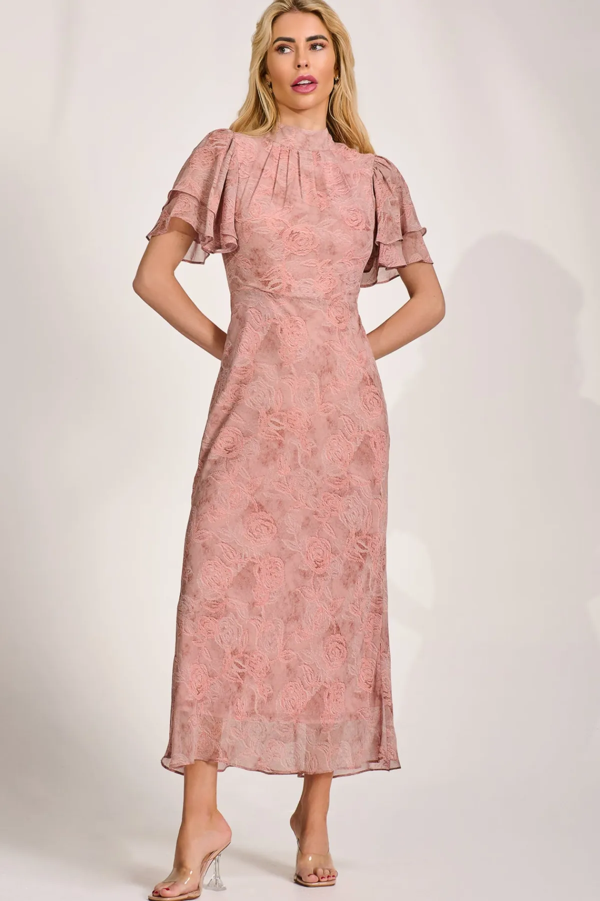 Jolie Moi Occasion Dresses|Maxi Dresses-High Neck Angel Sleeve Chiffon Maxi Dress, Pink Abstract