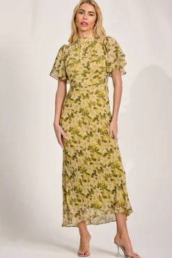 Jolie Moi Occasion Dresses|Maxi Dresses-High Neck Angel Sleeve Chiffon Maxi Dress, Yellow Floral