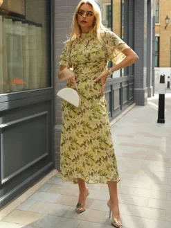 Jolie Moi Occasion Dresses|Maxi Dresses-High Neck Angel Sleeve Chiffon Maxi Dress, Yellow Floral
