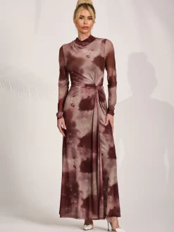Jolie Moi Occasion Dresses|Mesh Dresses-High Neck Long Sleeve Mesh Maxi Dress, Mocha Abstract