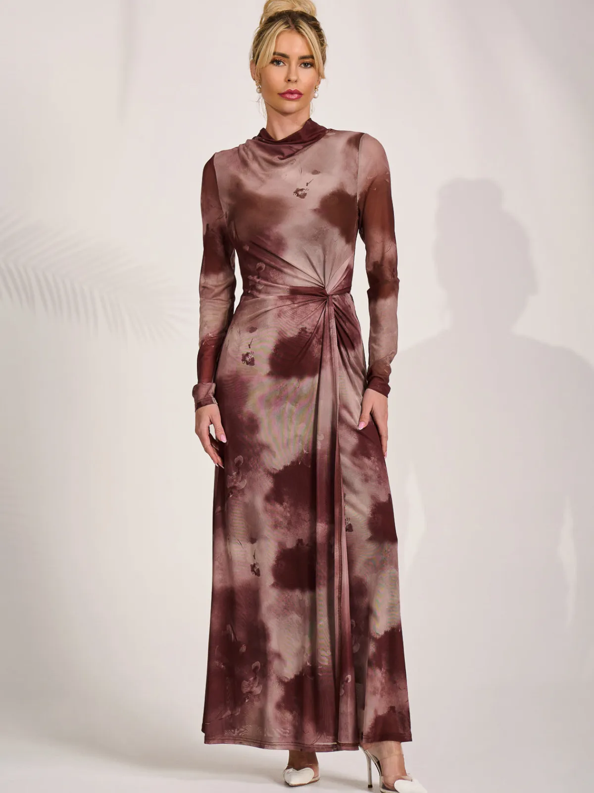 Jolie Moi Occasion Dresses|Mesh Dresses-High Neck Long Sleeve Mesh Maxi Dress, Mocha Abstract