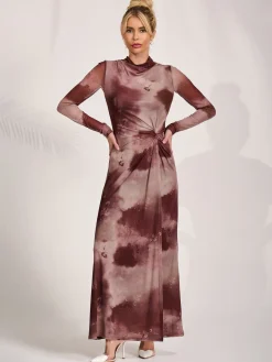Jolie Moi Occasion Dresses|Mesh Dresses-High Neck Long Sleeve Mesh Maxi Dress, Mocha Abstract