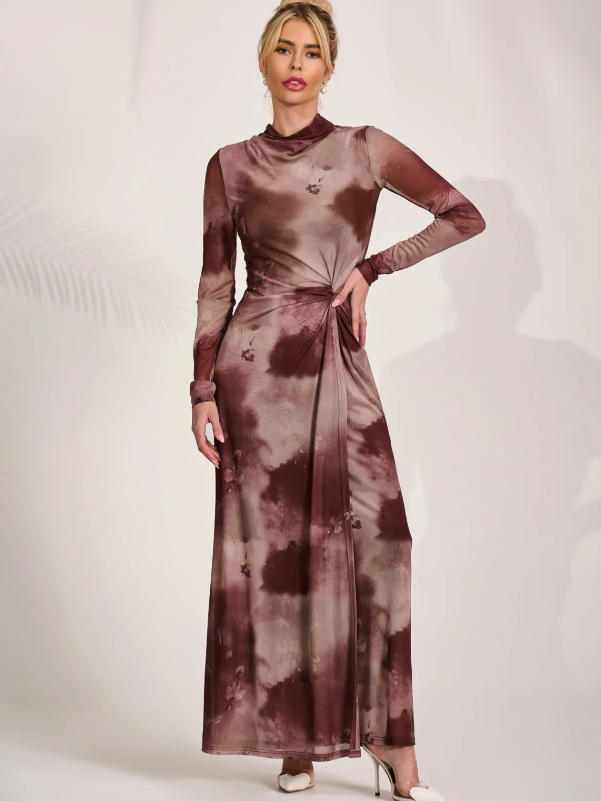 Jolie Moi Occasion Dresses|Mesh Dresses-High Neck Long Sleeve Mesh Maxi Dress, Mocha Abstract