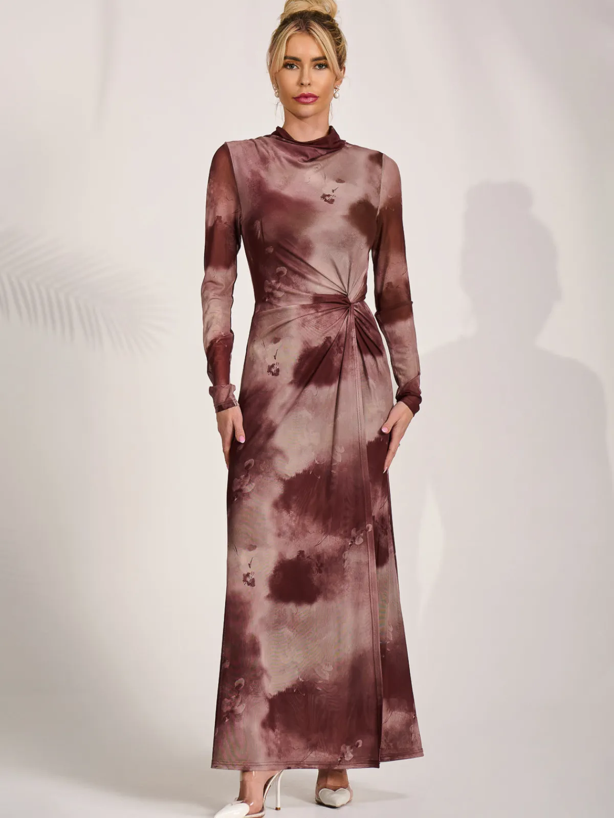 Jolie Moi Occasion Dresses|Mesh Dresses-High Neck Long Sleeve Mesh Maxi Dress, Mocha Abstract