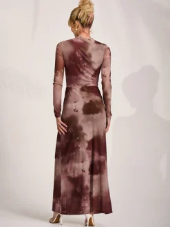 Jolie Moi Occasion Dresses|Mesh Dresses-High Neck Long Sleeve Mesh Maxi Dress, Mocha Abstract