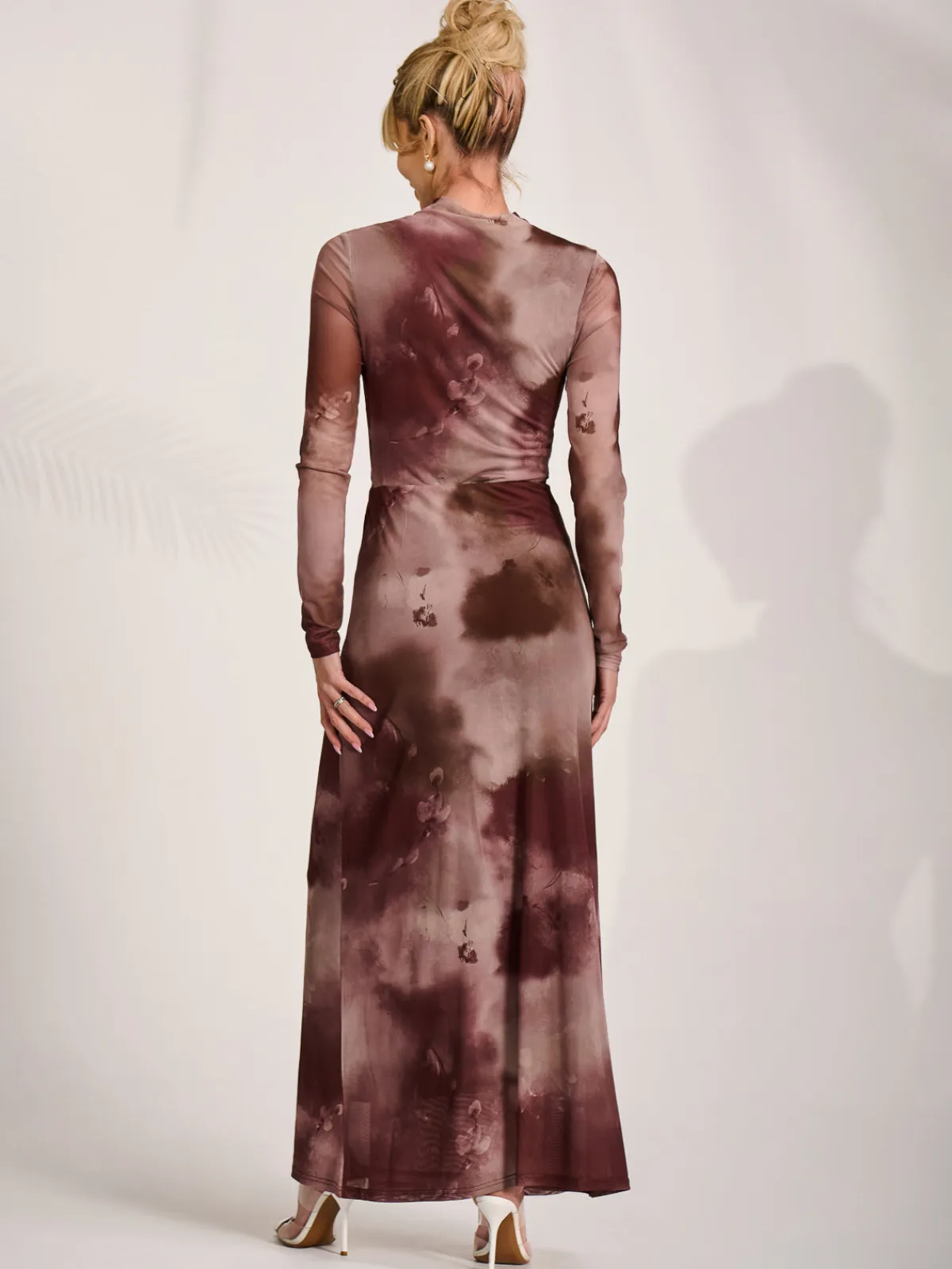 Jolie Moi Occasion Dresses|Mesh Dresses-High Neck Long Sleeve Mesh Maxi Dress, Mocha Abstract