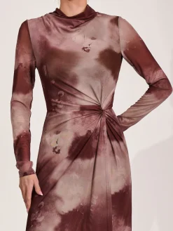 Jolie Moi Occasion Dresses|Mesh Dresses-High Neck Long Sleeve Mesh Maxi Dress, Mocha Abstract