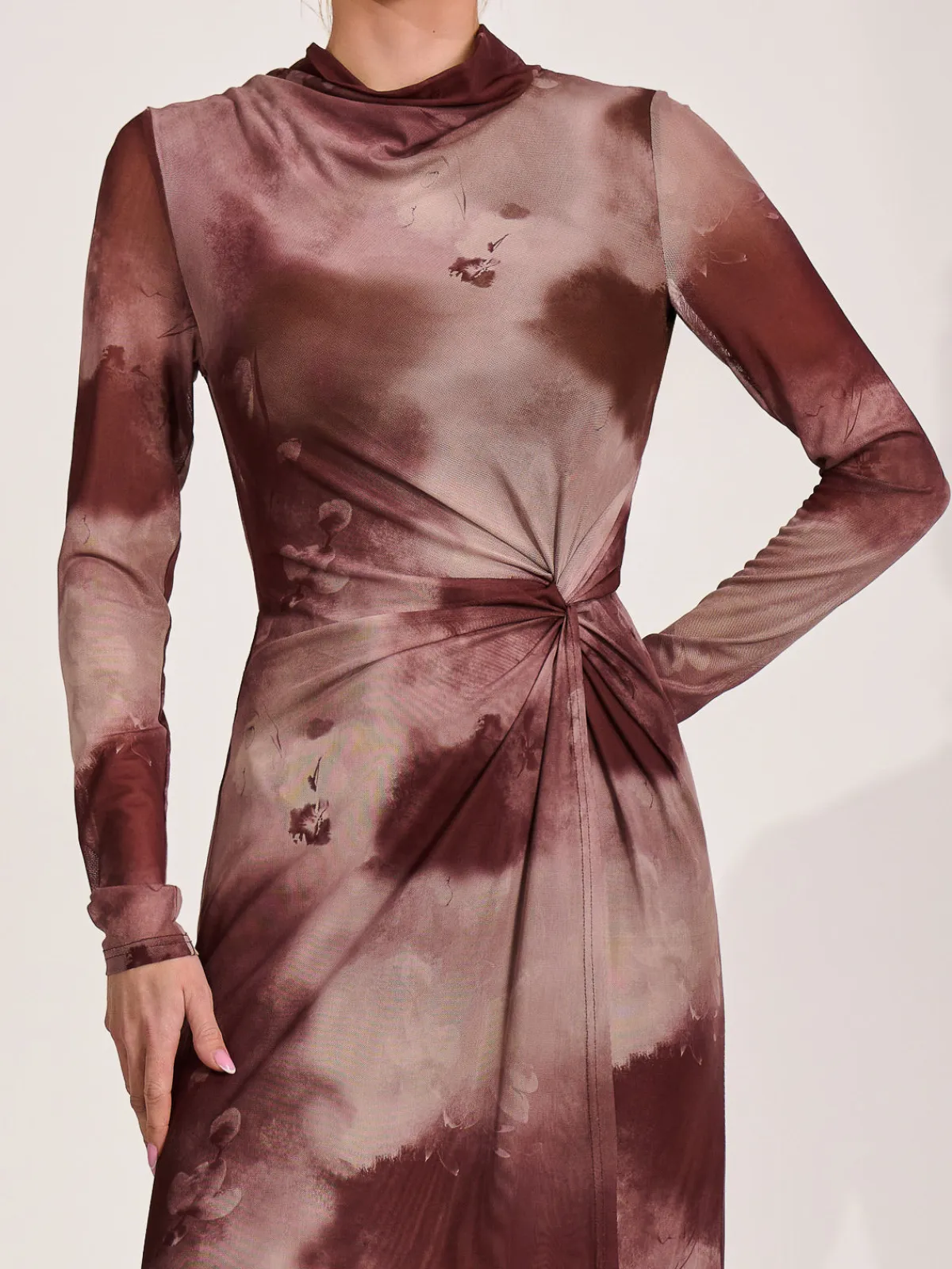 Jolie Moi Occasion Dresses|Mesh Dresses-High Neck Long Sleeve Mesh Maxi Dress, Mocha Abstract