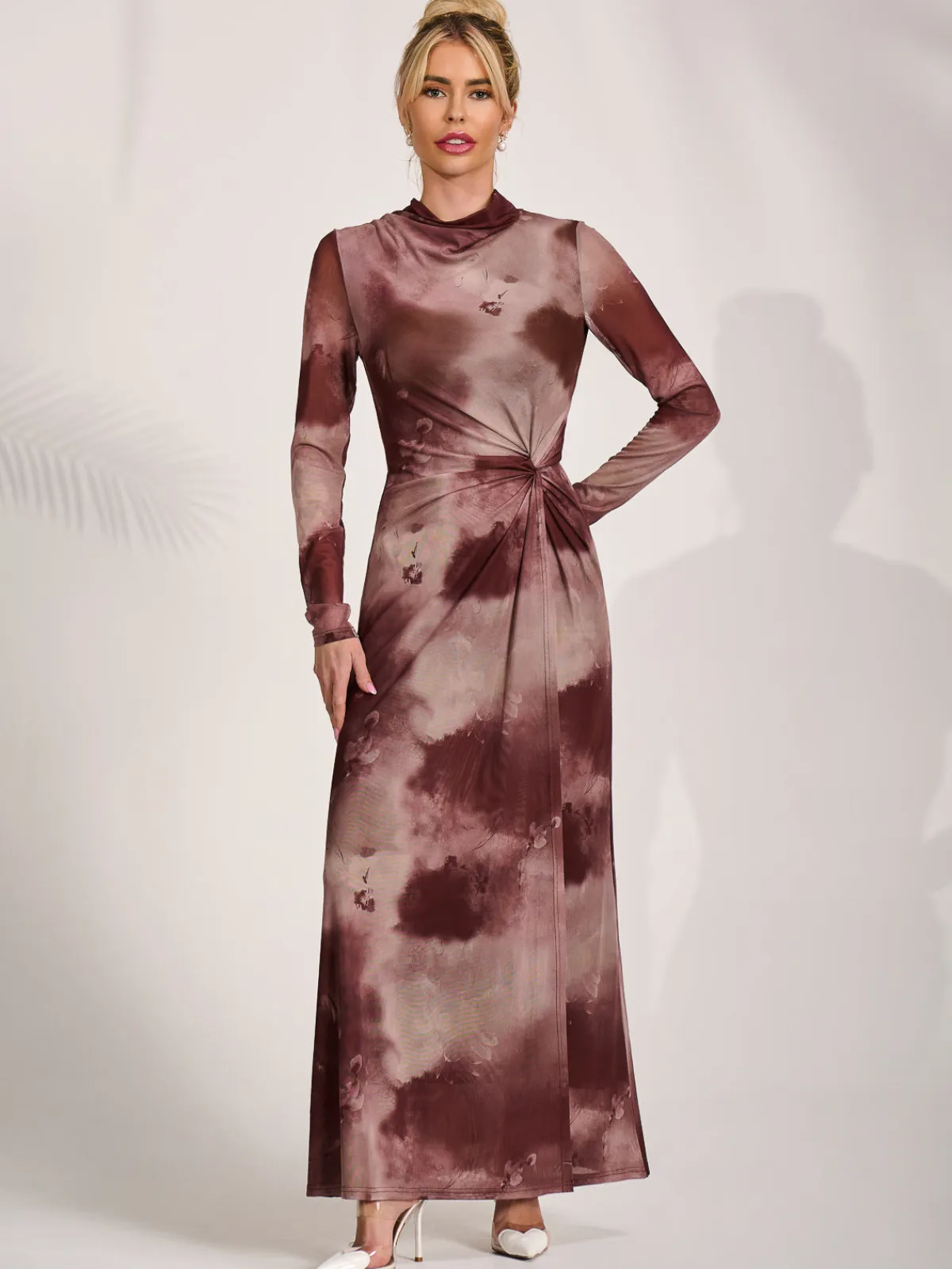 Jolie Moi Occasion Dresses|Mesh Dresses-High Neck Long Sleeve Mesh Maxi Dress, Mocha Abstract