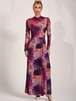 Jolie Moi Occasion Dresses|Mesh Dresses-High Neck Long Sleeve Mesh Maxi Dress, Pink Abstract