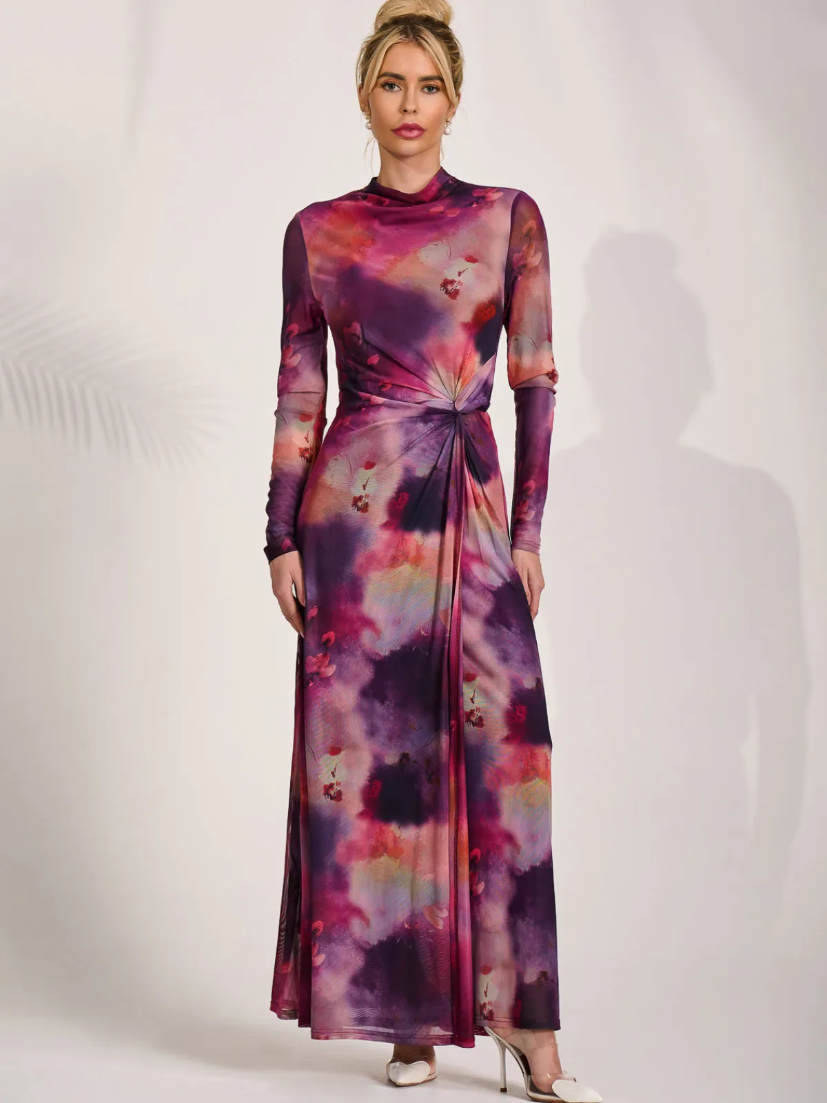Jolie Moi Occasion Dresses|Mesh Dresses-High Neck Long Sleeve Mesh Maxi Dress, Pink Abstract