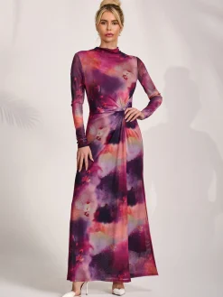 Jolie Moi Occasion Dresses|Mesh Dresses-High Neck Long Sleeve Mesh Maxi Dress, Pink Abstract