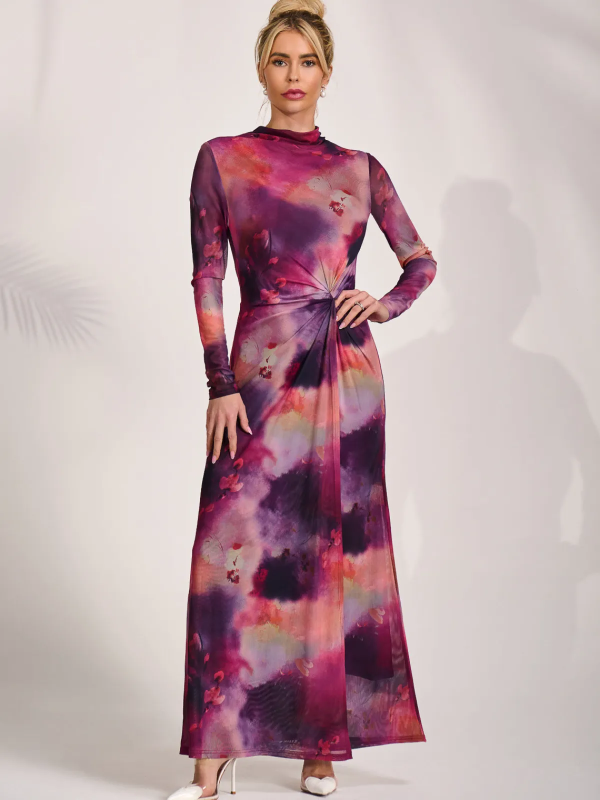Jolie Moi Occasion Dresses|Mesh Dresses-High Neck Long Sleeve Mesh Maxi Dress, Pink Abstract