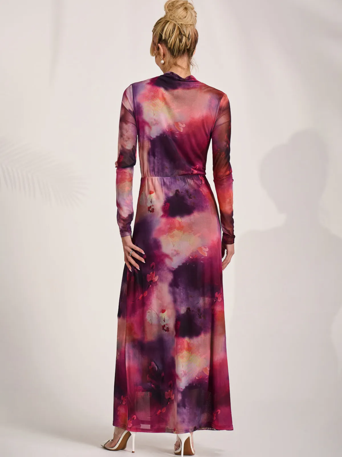 Jolie Moi Occasion Dresses|Mesh Dresses-High Neck Long Sleeve Mesh Maxi Dress, Pink Abstract