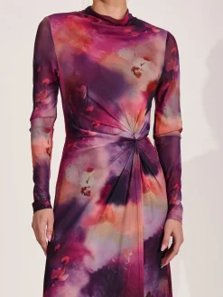 Jolie Moi Occasion Dresses|Mesh Dresses-High Neck Long Sleeve Mesh Maxi Dress, Pink Abstract