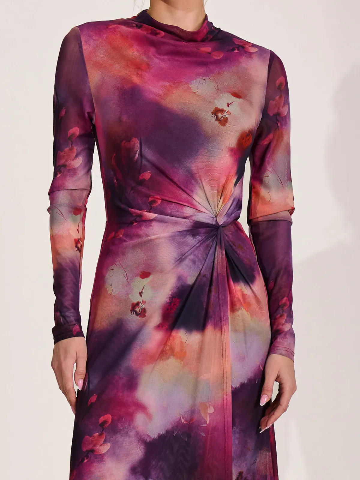 Jolie Moi Occasion Dresses|Mesh Dresses-High Neck Long Sleeve Mesh Maxi Dress, Pink Abstract